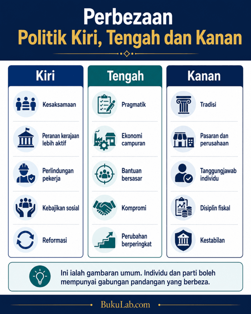 spektrum politik kiri tengah kanan infografik ebook BukuLab Malaysia