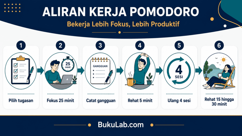 teknik pomodoro cara fokus 25 minit workflow ebook BukuLab Malaysia